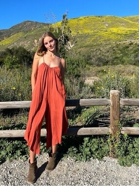 Women's Rust-Orange Spaghetti-Strap Wide-Leg Jumpsuit